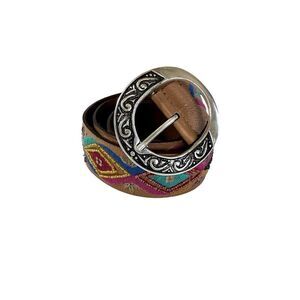 CHICO'S Women's Embroidered/Beaded Wide Leather Bohemian Belt Brown Size Large